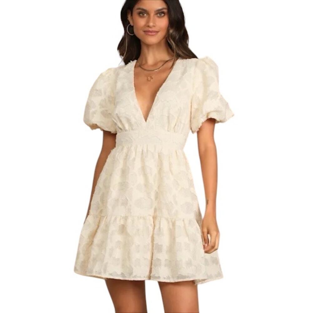 NWT Lulus So Sweet To Me Cream Floral Puff Sleeve Mini Dress Size XL